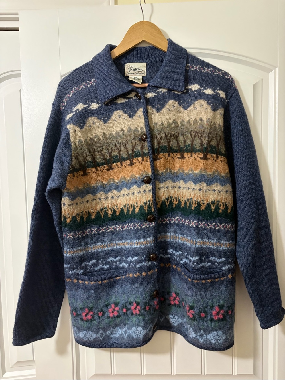 Vintage Blue 100% Wool Nature Themed Collared Cardigan Size Small